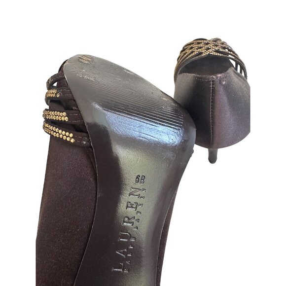 LAUREN RALPH LAUREN Brown Satin Jeweled Heels Size 6 - Picture 11 of 11